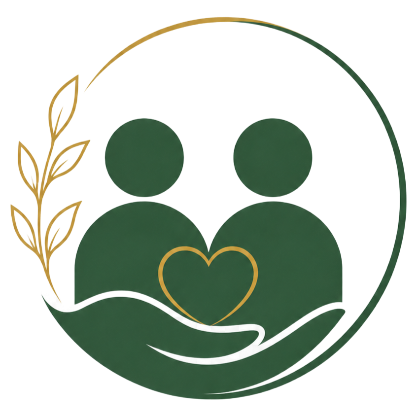Green and gold logo of two abstract people with a heart and supportive hand within a circular leaf design