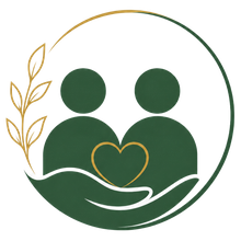 Green and gold logo of two abstract people with a heart and supportive hand within a circular leaf design