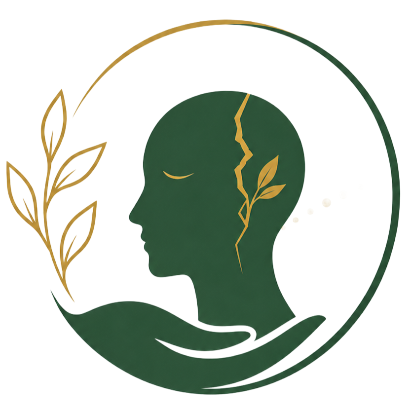 Stylized green profile with gold leaf vein and hand, encircled by a gold-and-green ring