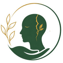 Green profile silhouette with golden leaf accents in a circular logo, resting on an open hand.