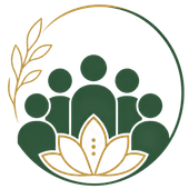 Green group icon with six figures and white lotus, framed by gold and green leaves.