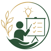 Green icon of a person presenting a checklist beside a lightbulb and leaf symbol inside a circle