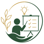 Green icon of a person presenting a checklist beside a lightbulb and leaf symbol inside a circle