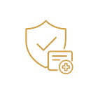 Gold shield with checkmark and medical card plus icon