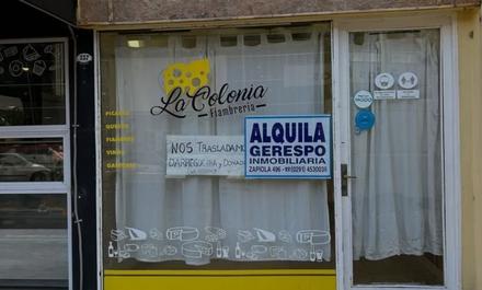 Local comercial con letreros de alquiler de “Alquila” exhibidos en el escaparate junto a la entrada.