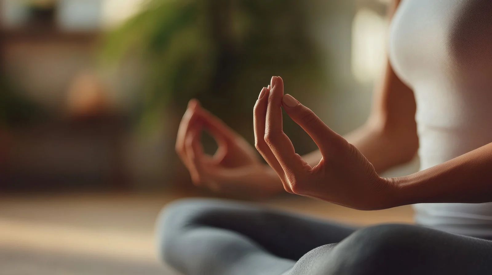 Woman meditating with hands in Jnana mudra, indoors.