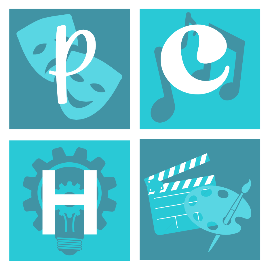 A logo with a mask , a light bulb , a clapper board , and a painting.