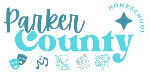 The logo for parker county homeschool is blue and has a diamond in the middle.