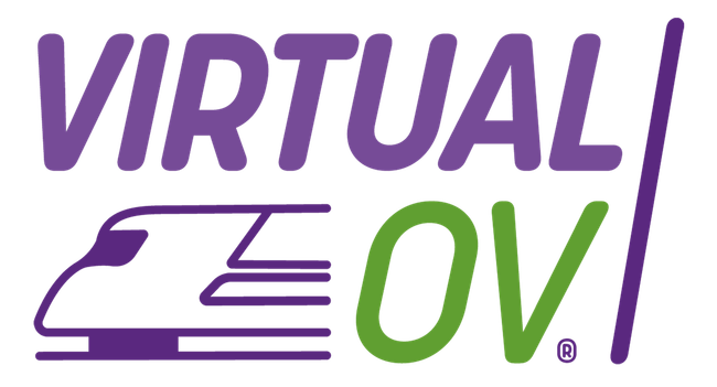 A purple and green logo for virtual ov.
