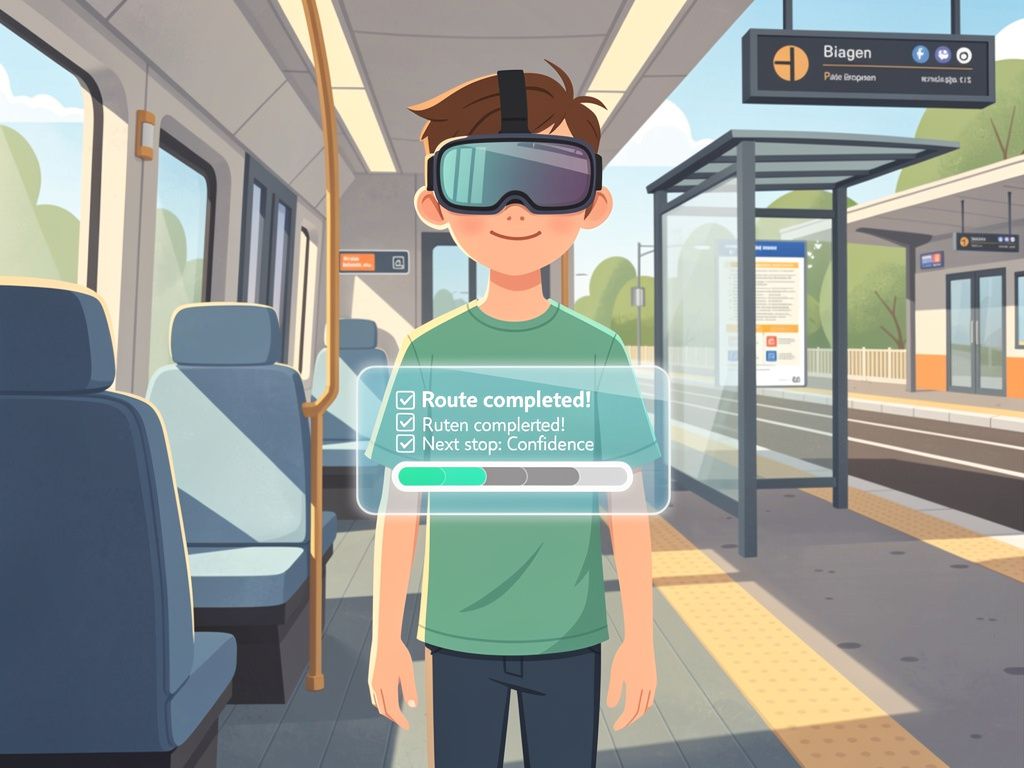 Un joven usa un casco de realidad virtual y practica con confianza en un entorno de tren virtual