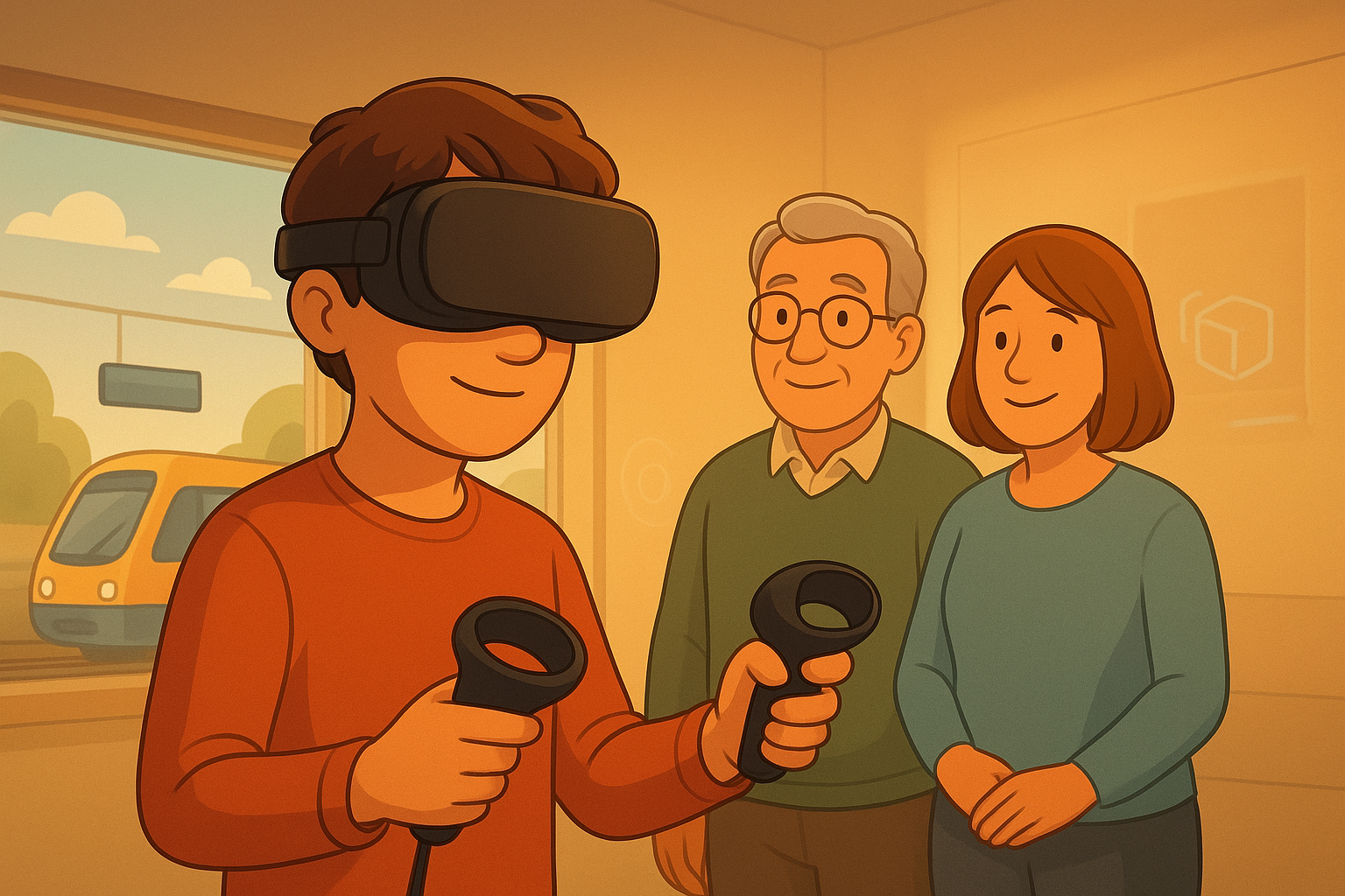 Boy with VR glasses trains in Virtual Reality to travel independently on public transport