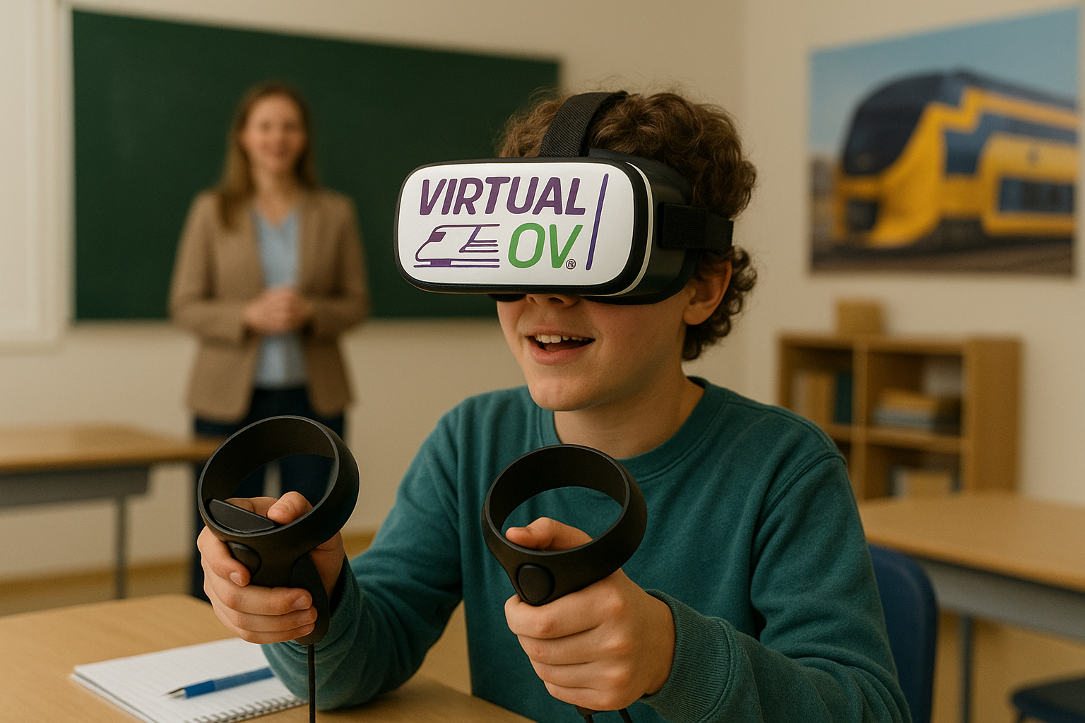 Jongere in een klaslokaal met een VR-bril op, bezig met leren reizen via het Virtual OV platform