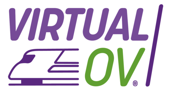 Un logotipo morado y verde para ov virtual.