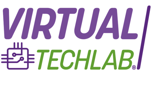 El logotipo del virtual techlab es morado y verde.