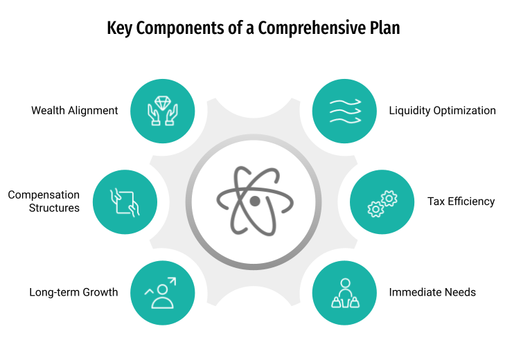 Key Components of a Comprehensive Plan: Wealth Alignment, Compensation Structures, Long-term Growth, Liquidity Optimization, Tax Efficiency, Immediate Needs.