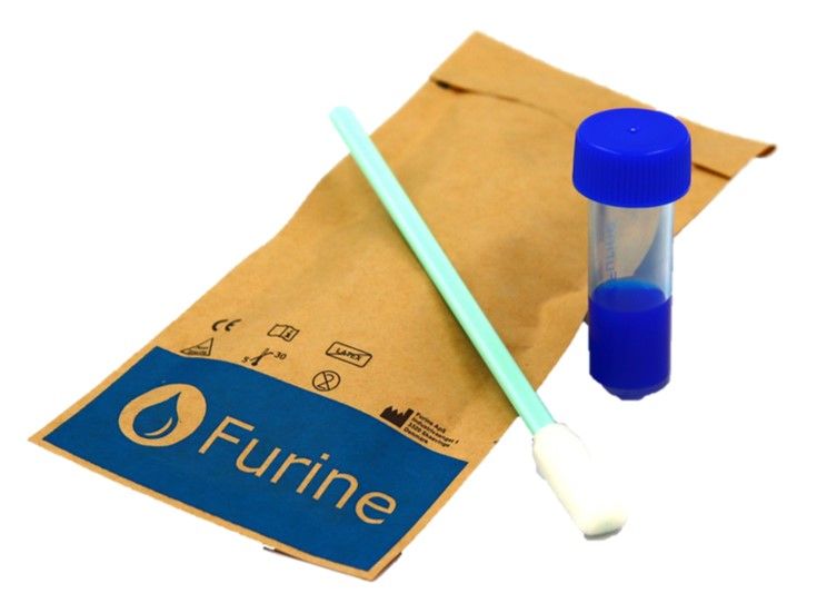 Brown Funine mailing envelope with a blue swab and blue-capped vial on a white background