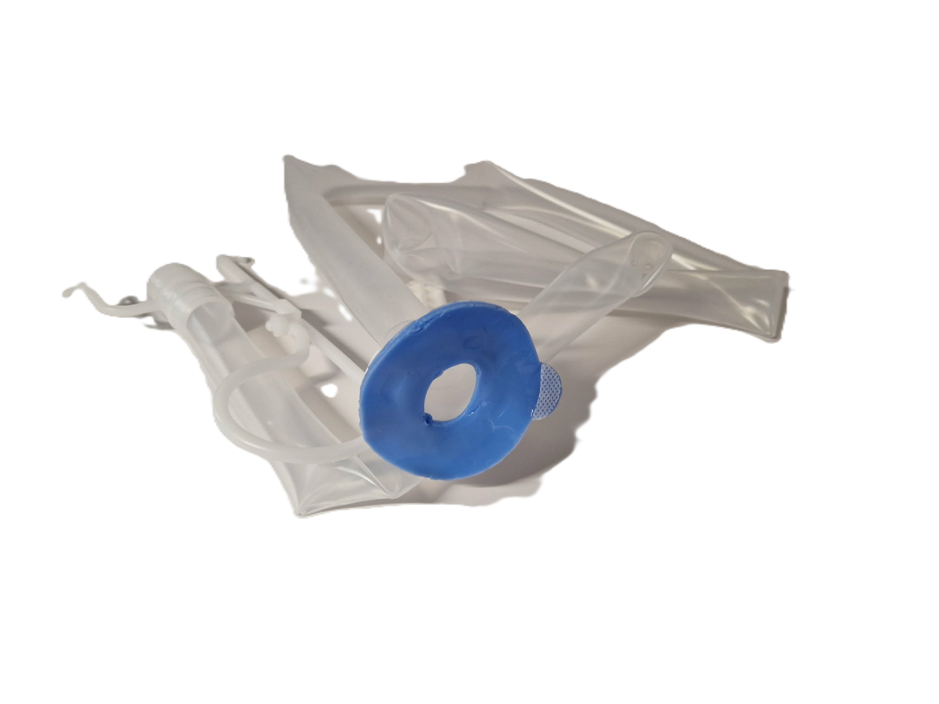 Blue tape roll and clear plastic bags on a white background