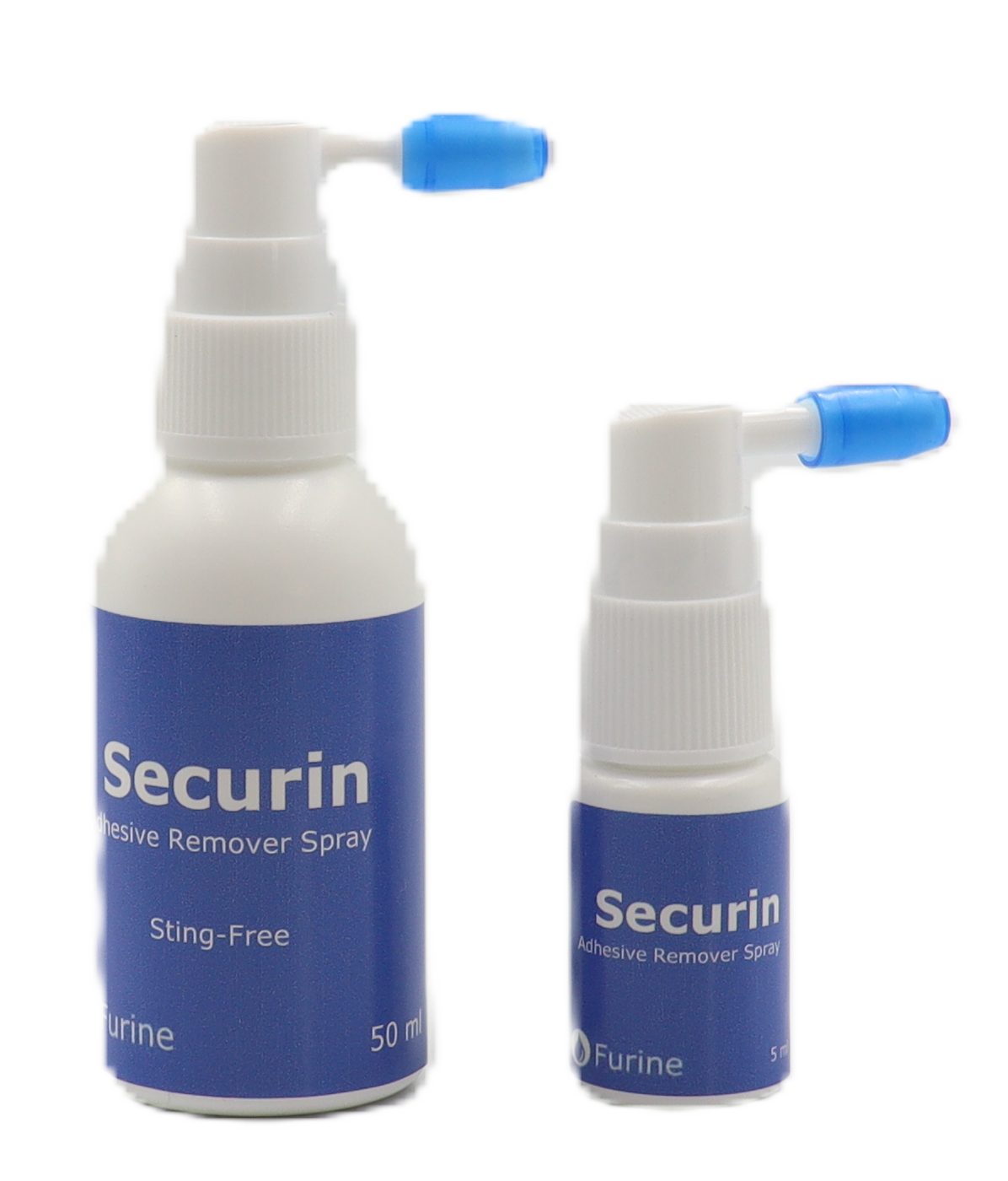 Two blue-and-white Securin nasal spray bottles, one larger and one smaller.