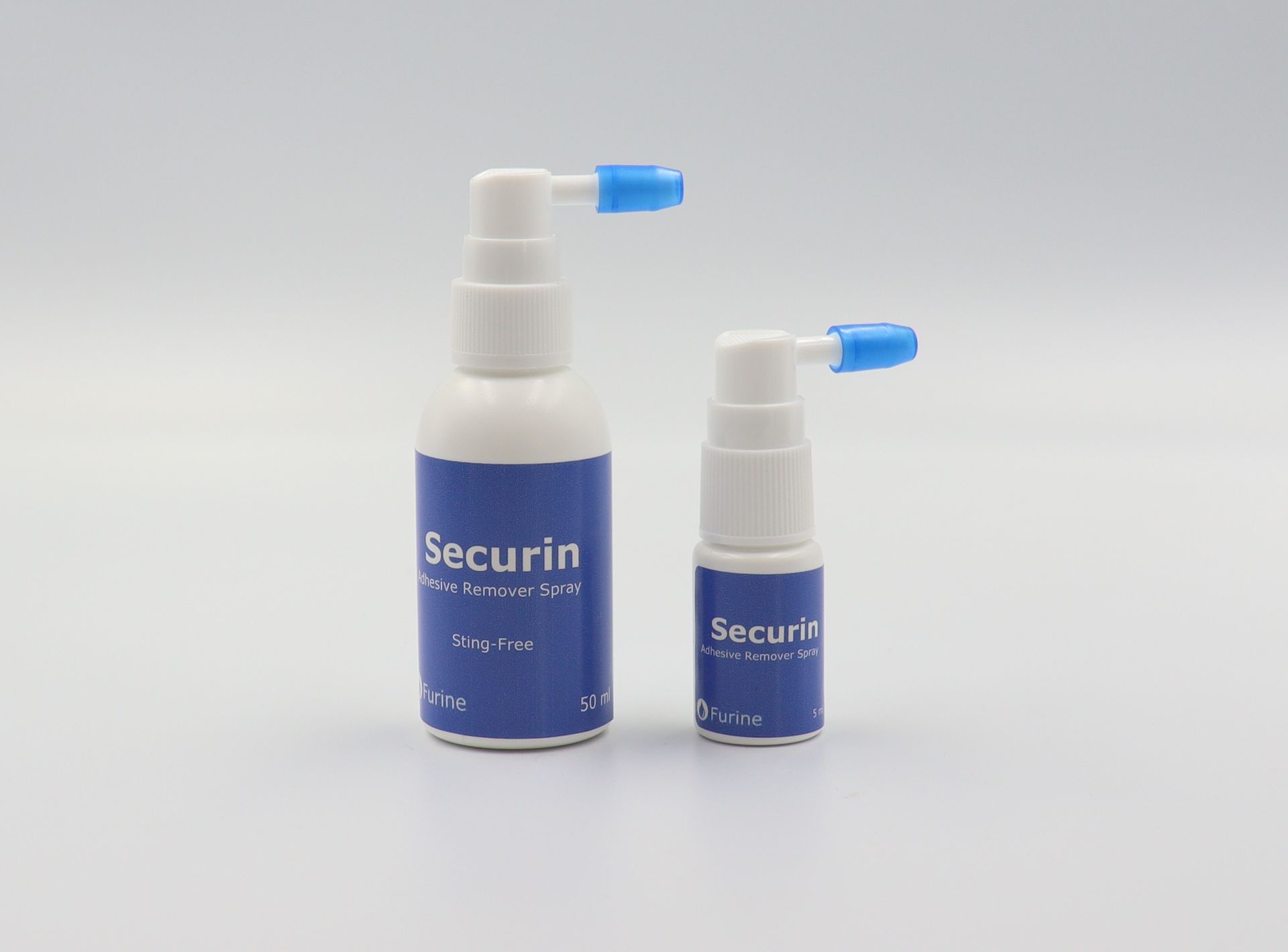 Two blue-and-white spray bottles on a light gray background, one large and one small