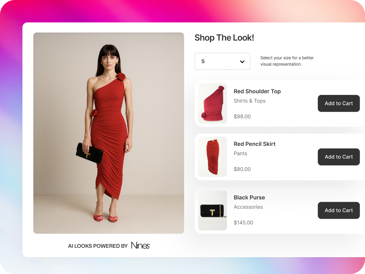 Woman in red one-shoulder dress, presented with shop-the-look items: top, pants, and a clutch.