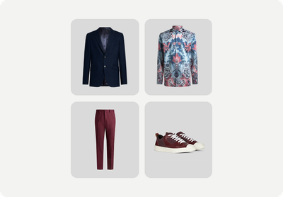 A collage of four pictures of men 's clothing and shoes