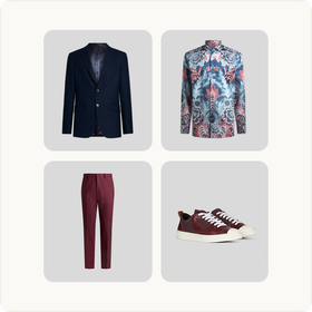 A collage of four pictures of men 's clothing and shoes