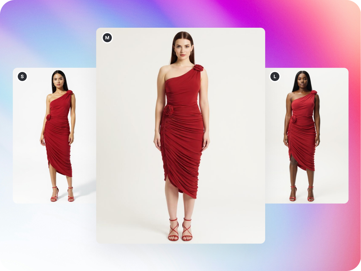 Three women of different ethnicities in red, one-shoulder dresses, on a gradient background.