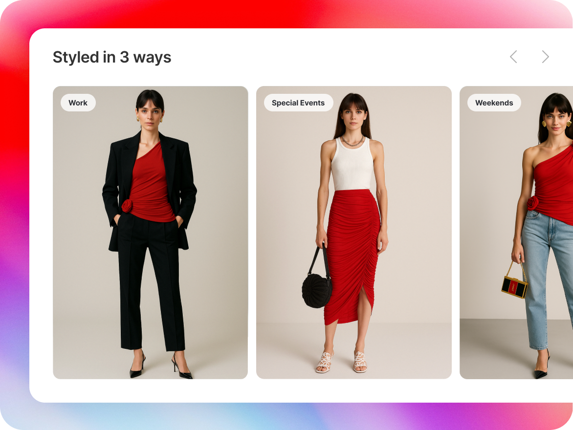 Woman in a red top styled in 3 ways: with a blazer and pants, a skirt, and jeans.