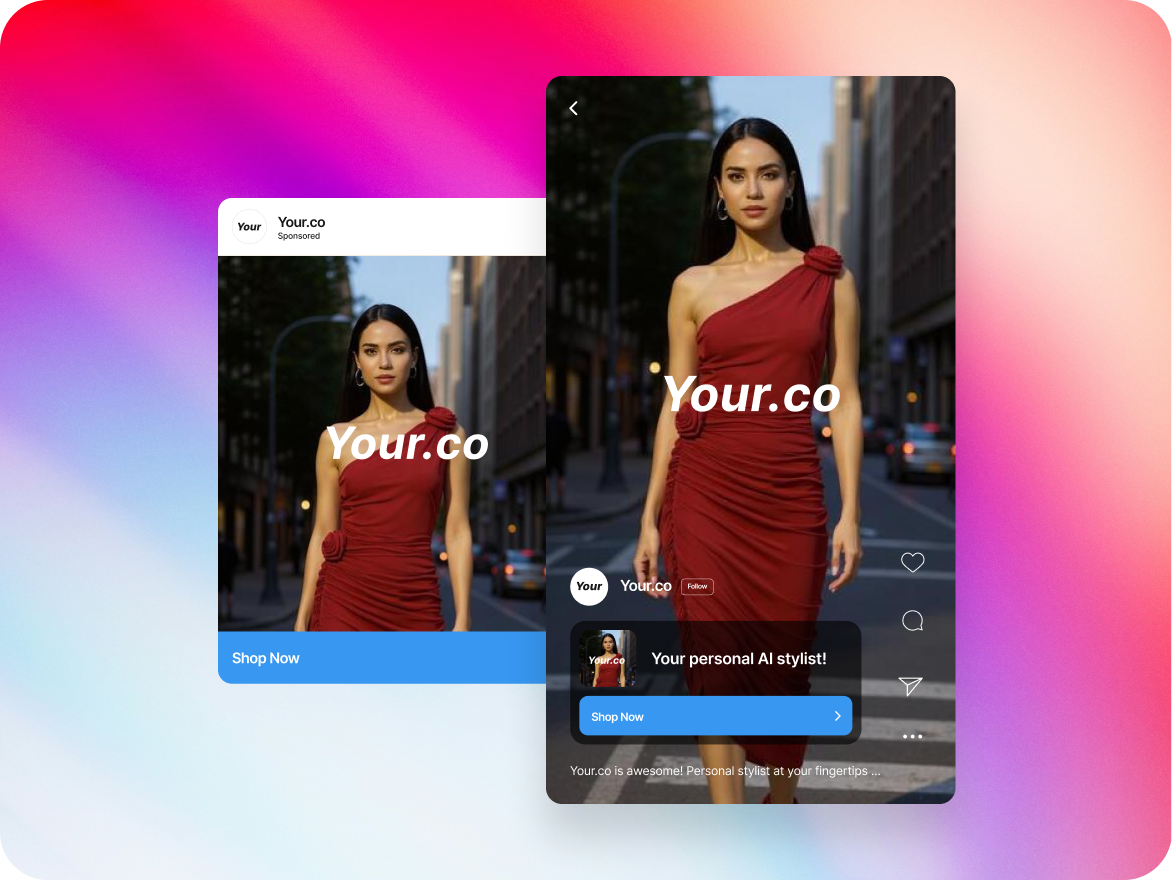 Woman in red dress posing, cityscape background. Website mockups, vibrant gradient backdrop.