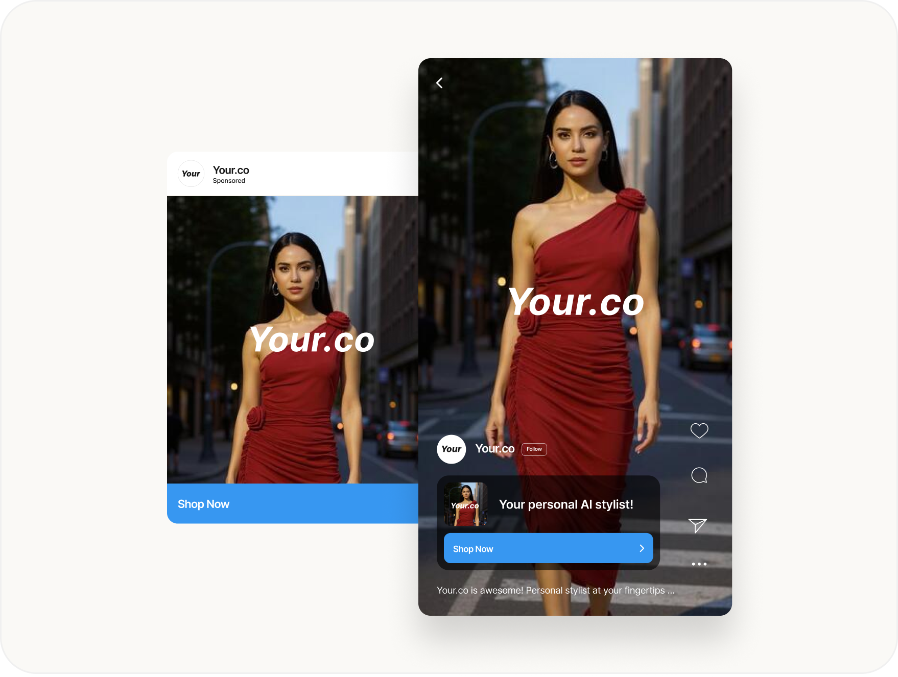 A woman in a red dress is standing on a city street.