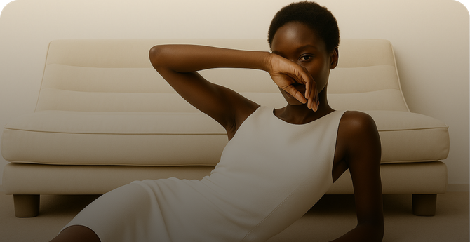 A woman in a white dress is sitting on the floor next to a white couch.