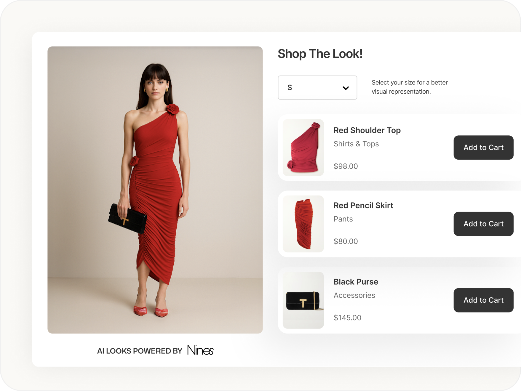 A woman is standing in a red dress on a website.