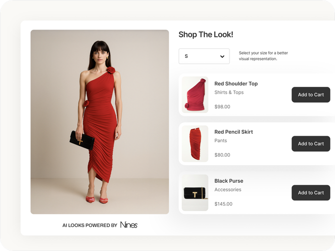 A woman is standing in a red dress on a website.