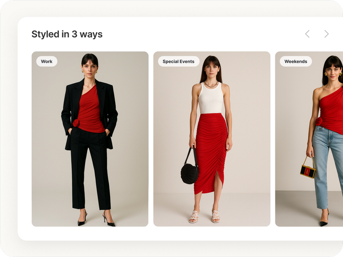 A woman is wearing a red top and a red skirt in three different ways.