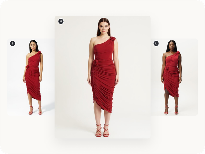 Three women in red dresses are standing next to each other on a white background.