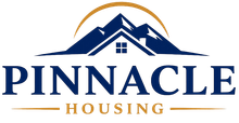Logo for Pinnacle Housing featuring a navy blue mountain range and roof silhouette with a gold arch and text below.