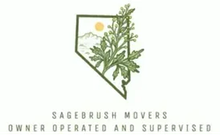 Logo for Sagebrush Movers, featuring Nevada outline, mountains, sun, and greenery. "Sagebrush Movers" text below.