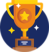 Gold trophy with a star on a dark blue background.