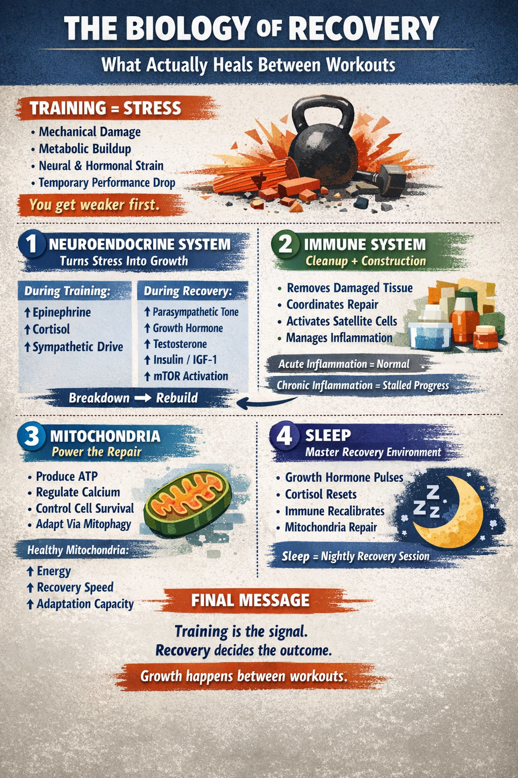 Infographic titled “The Biology of Recovery: What Actually Heals Between Workouts” showing that training creates stress and temporary performance decline, while recovery drives adaptation. It highlights four systems involved in recovery—the neuroendocrine system, immune system, mitochondria, and sleep—and explains that growth happens between workouts when these systems work together.