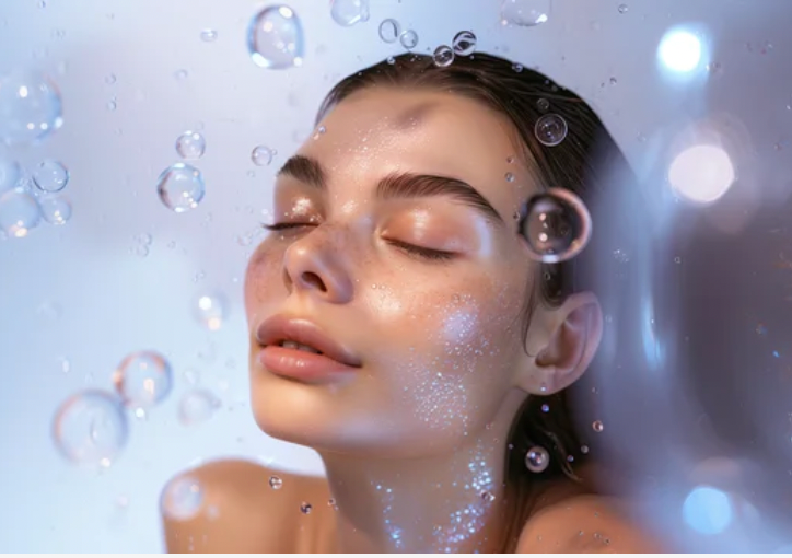 A woman is taking a shower with soap bubbles coming out of her hair.