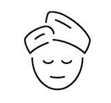 A line drawing of a person with a towel wrapped around their head.