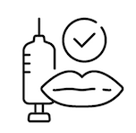 A line drawing of a syringe and a check mark next to a lip.