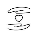 A black and white drawing of two hands holding a heart.