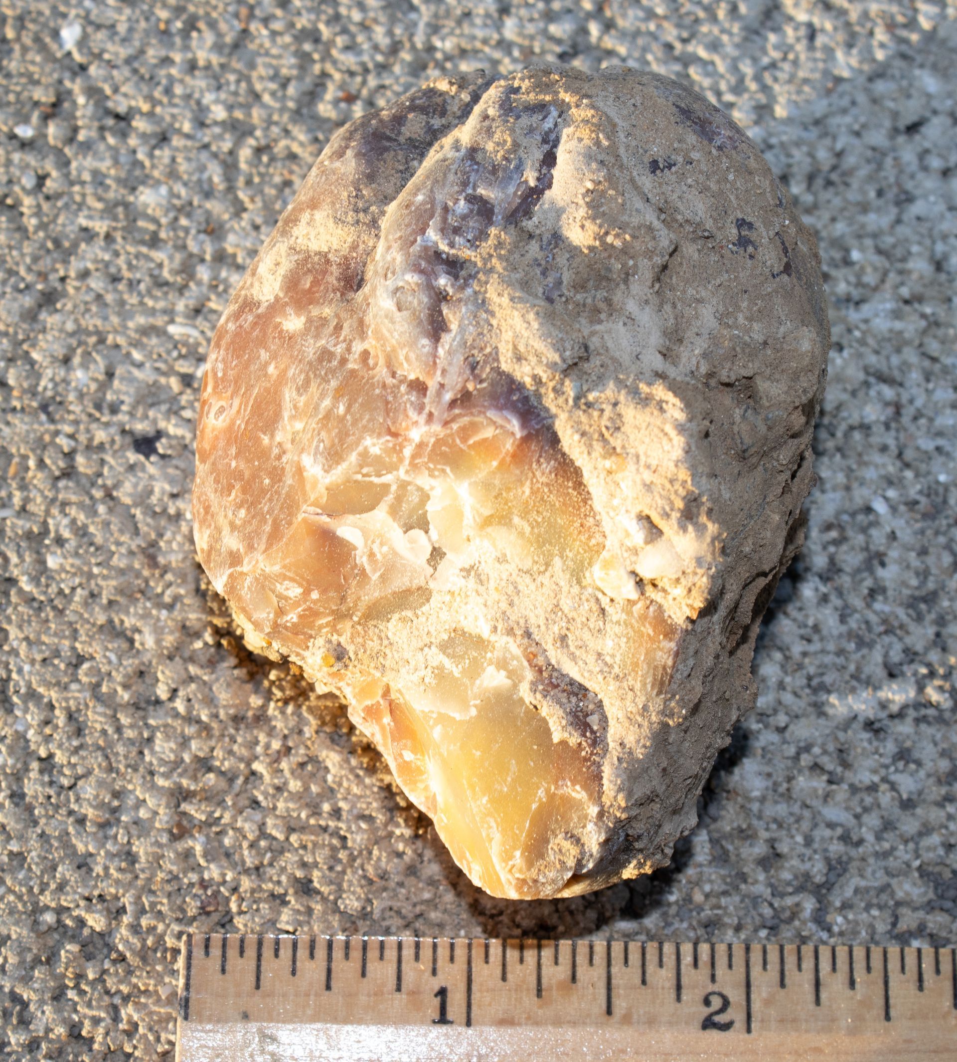 A rock is being measured by a ruler that goes up to 2 inches