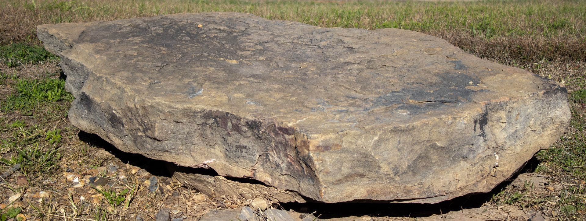 A large rock is sitting in the middle of a grassy field.