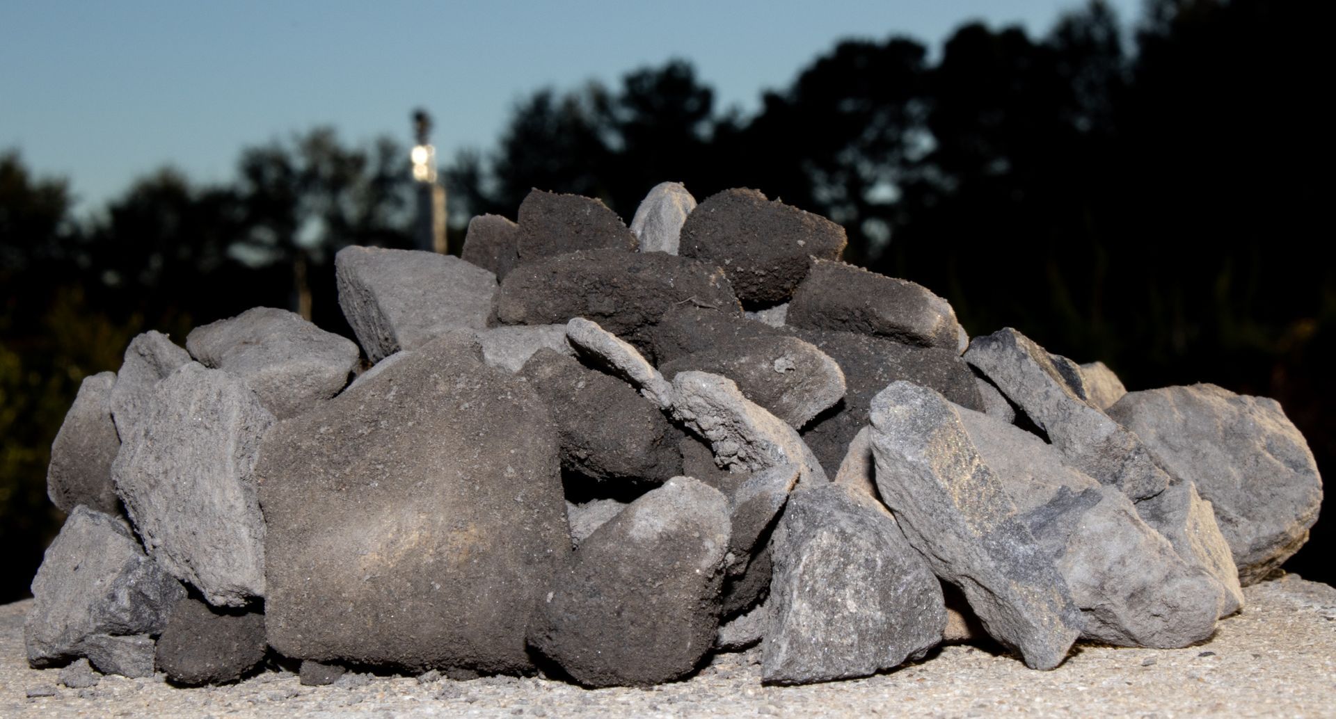 A pile of rocks with trees in the background