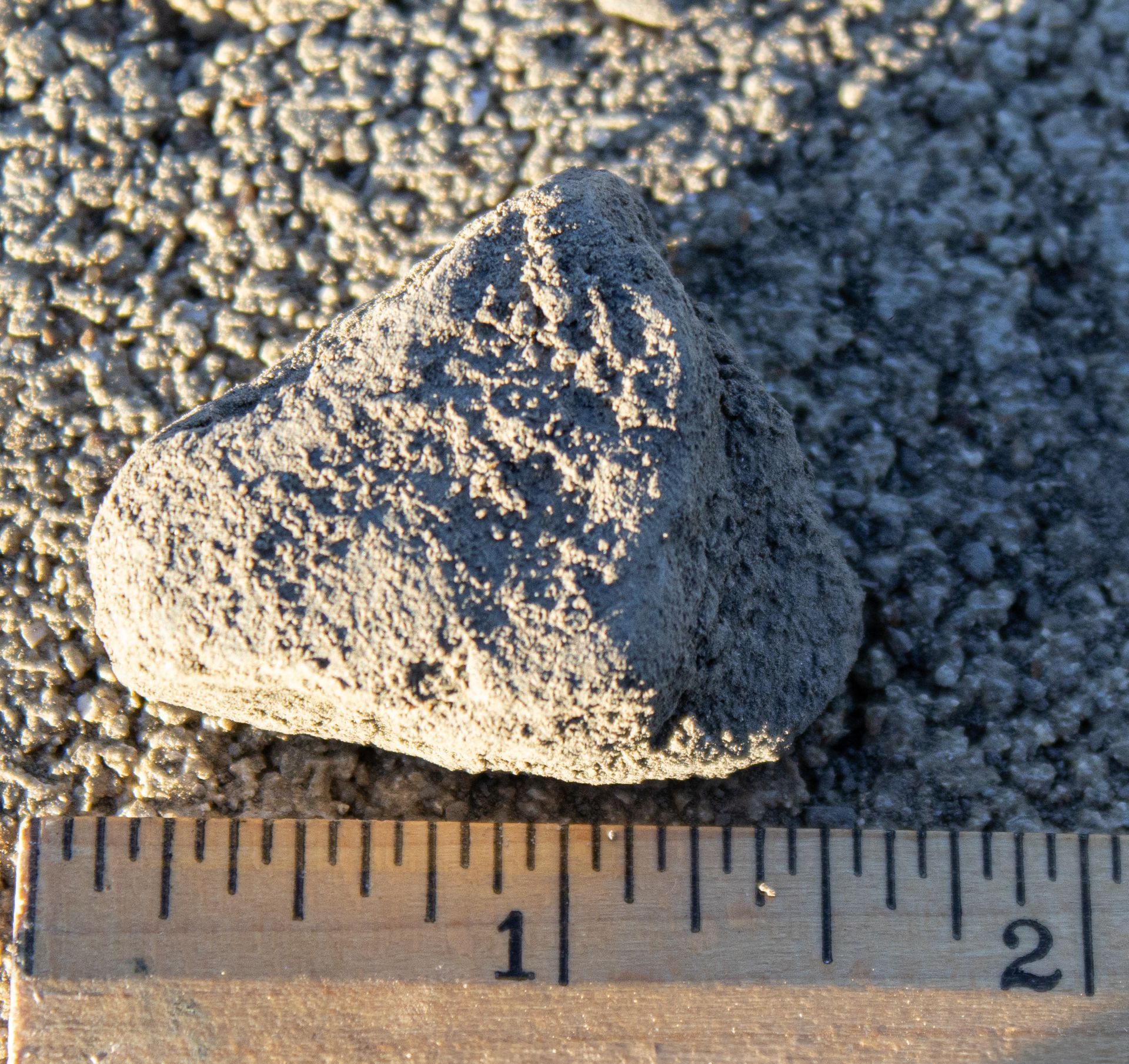 A ruler measures a rock between 1 and 2 inches