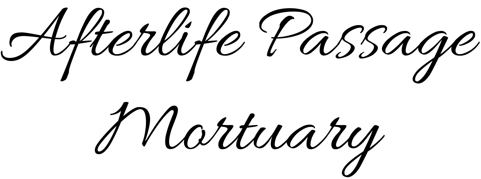 Logo: "Afterlife Passage Mortuary" in cursive font.