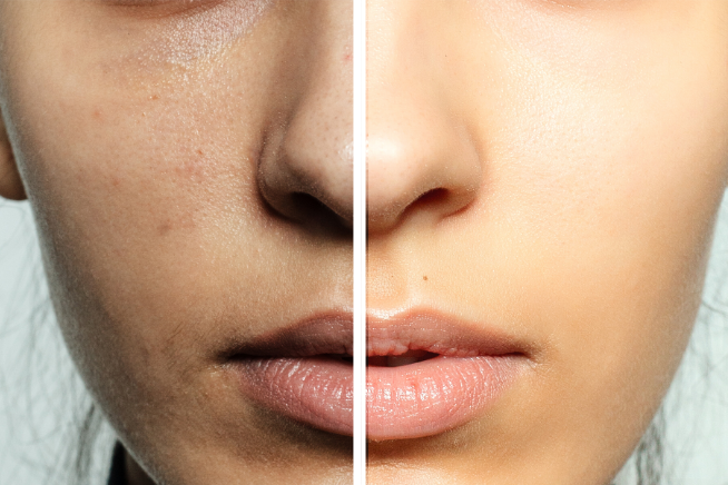 A before and after photo of a woman 's face with and without makeup.