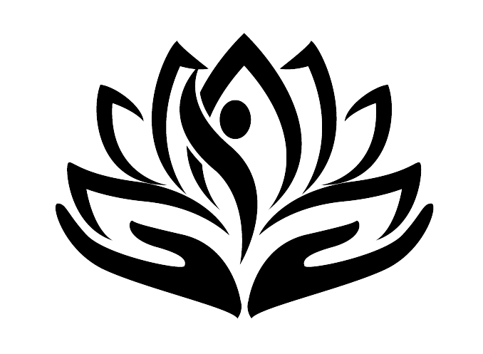 A black and white silhouette of a lotus flower with hands around it.